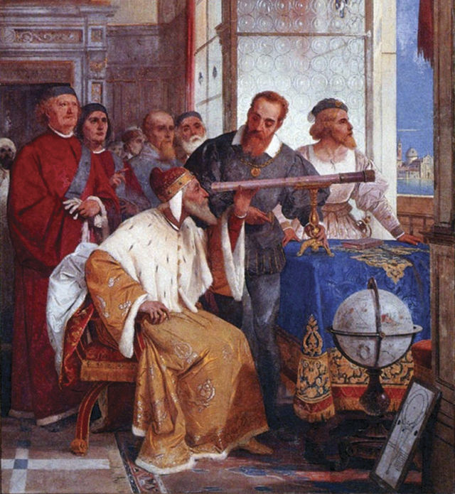 Fresco by Giuseppe Bertini depicting Galileo showing the Doge of Venice how to use a telescope.